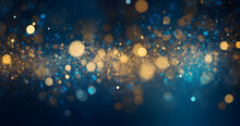 Abstract Background Gold Foil Texture. Holiday Concept. With Dark Blue And Gold Particle. Christmas Golden Light Shine Particles Bokeh On Navy Blue Background. 