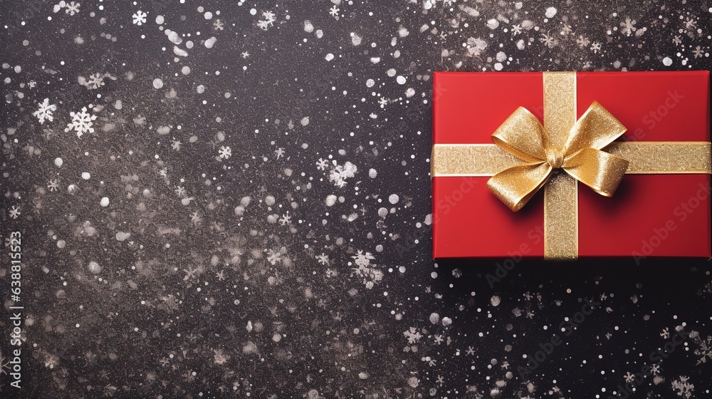 A decorative red gift box with a large golden bow standing in fresh ...
