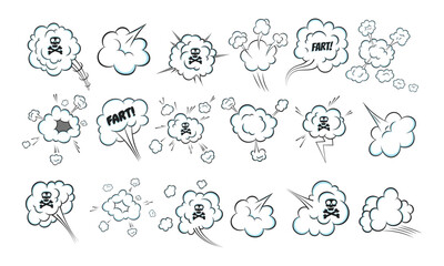 Wall Mural - Smelling pop art comic book cartoon fart cloud flat style design vector illustration set with text and skull with crossed bones. Bad stink or toxic aroma cartoon smoke cloud.