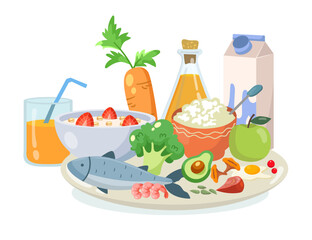 Wall Mural - Healthy meal for breakfast or dinner vector illustration. Fruits, vegetables, fish, milk, juice, porridge and grains served on plate for balanced diet. Healthy eating, food, health care concept