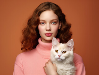 Beautiful and confident young woman with red hair holding her beloved small white fur cat on orange studio background.