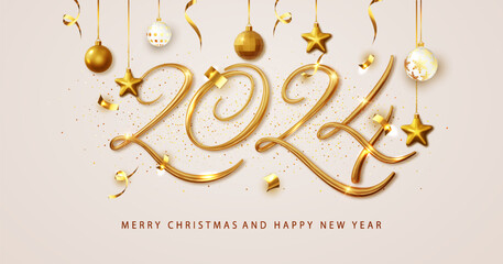 Wall Mural - 2024 New Year banner. Festive season with a Christmas and New Year banner adorned with 3D gold 2024 numbers and hanging ornaments. Vector illustration for winter holiday decorations