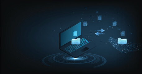 Leinwandbilder - Document management and Data transfer through cloud technology. Exchange data with modern internet technology on a dark blue background. Files data system relocation concept.
