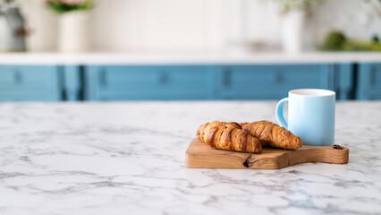 Wall Mural - Tasty breakfast on marble countertop in blurred background