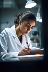 Poster - shot of a young female chemist reading a note whilst working in a lab