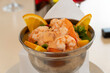 Shrimp cocktail boiled seafood with salad and pink mayonnaise on metal bowl