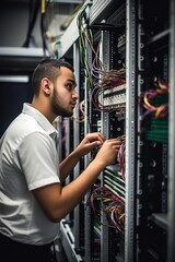 Wall Mural - shot of a young male technician checking his computer in a server room