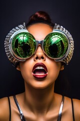 Poster - shot of a beautiful young woman wearing futuristic sunglasses and looking surprised