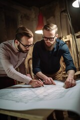 Wall Mural - shot of two young architects working on blueprints together