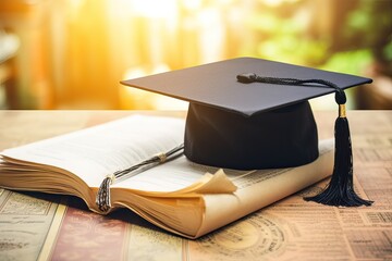 Wall Mural - Graduation cap on book and diploma on blur background. Education concept