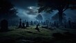 Gravestones in the old cemetery at night. Halloween concept.