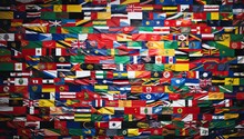Colorful National Flags Of The World On Crumpled Paper Background