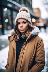 Sticker - shot of a young woman in casual winter wear at an urban location