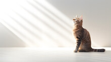 A Shot Of Cute Tabby Cat Looking At Sun Rays On The Empty White Wall