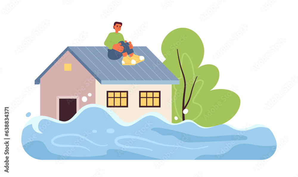 Scared man on house roof flat concept vector spot illustration. Flooded ...
