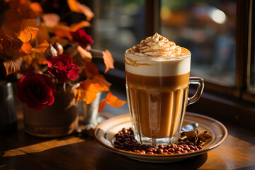 Pumpkin latte on a wooden table 1