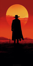 A Cowboy In The Background Of A Texas, Classic Retro Western Movie Poster With An Outlaw Sheriff Man Silhouette