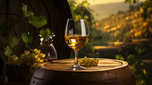 The Glass Of White Wine With Grape And Old Wooden Barrel On Rural Nature Background