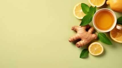 An herbal tea with ginger.Cup of ginger tea with lemon, honey and mint on beige background. Concept alternative medicine, natural homemade remedy for cold and flu. Top view. Free space for your text