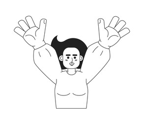 Poster - Woman raising hands monochromatic flat vector character. Cheerful pretty asian girl. Happy person. Editable thin line half body person on white. Simple bw cartoon spot image for web graphic design