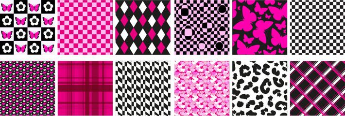 Wall Mural - Y2k glamour emo pink seamless patterns set. 2000s aesthetic. Retro psychedelic texture with Butterfly, heart, chessboard.Vector illustration