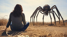 A Young Woman Experiences A Chilling Nightmare As A Monstrous Black Spider Attacks Her In The Midst Of A Field. She Sits On The Ground, Paralyzed By Terror. Concept Of Arachnophobia In Surreal Scene