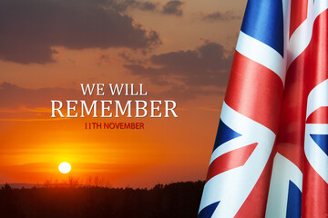 Wall Mural - Flag of Great Britain with Text on background of sunset. Holidays of the UK. Remembrance Day.