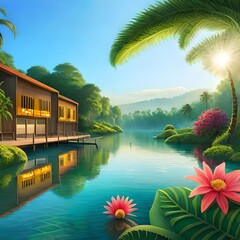 Sticker - tropical resort with island