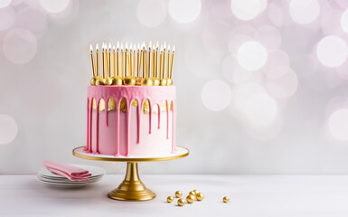 Canvas Print - Pink birthday cake with gold drip icing and lots of gold candles