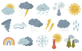 Fototapeta Boho - Weather illustration set, kids vector, sun, cloudy illustration,  weather vector, seasonal weather elements vector