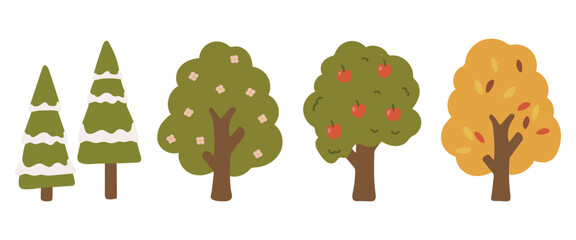 Seasons landscape set vector, abstract season tree vector, seasons illustration, plants vector