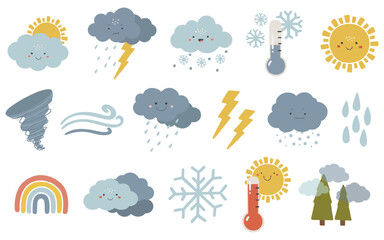 Weather illustration set, kids vector, sun, cloudy illustration,  weather vector, seasonal weather elements vector