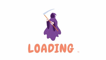 Poster - Grim reaper holding scythe 2D loading animation. Floating Halloween death animated cartoon character 4K video loader motion graphic. Hooded monster flying. Helloween download, upload progress gif