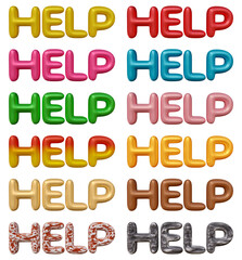 Poster - Set of help text design isolated on transparent background in 3d rendering for support and assistance concept.
