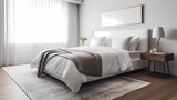 Fototapeta Uliczki - A minimalist bedroom that champions solitude and rest. A platform bed, with its understated design, is dressed in organic cotton linens in shades of gray and white.