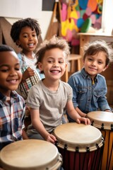 Sticker - group of happy kids playing musical instruments together in a classroom