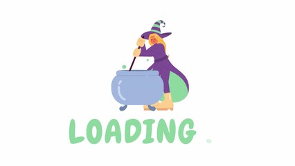 Poster - Halloween witch brewing bubbly cauldron 2D loading animation. Wizard lady boiling pot animated cartoon character 4K video loader motion graphic. Helloween magic cooking download, upload progress gif