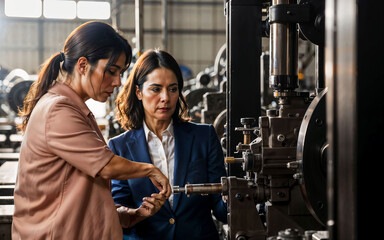 photo of working entrepreneur woman at factory with machine and worker, generative AI