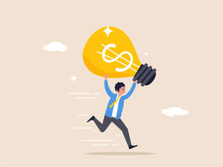 Creativity or innovation to increase earning growth, financial idea concept. Make money from new idea or profit from investment, happy businessman carrying bright lightbulb idea with dollar money sign