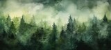 Fototapeta Fototapeta las, drzewa - Watercolor painting of green forest woods trees, hand drawn fir and spruce trees, landscape .background illustration