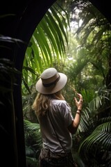 Sticker - shot of a woman admiring her view in the jungle