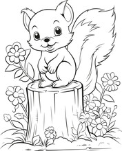 Coloring Page. Little Cute Squirrel Stands On The Stump And Looks At The Beautiful Flower. Flower Grows From The Stump. There Are Bushes, Grass And Flowers Around