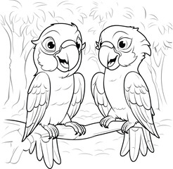 Coloring page. Two cute yellow macaw sits and smiles. They are in love