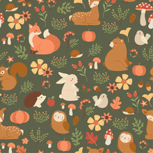 Vector Seamless Fall Pattern With Forest Animals And Plants