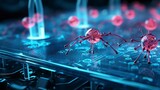 Close-up of a futuristic glass worktop with holograms, featuring small organic spider-like red robots
