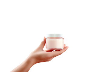 Women right hand holding cosmetic jar for branding, with label isolated on transparent background.