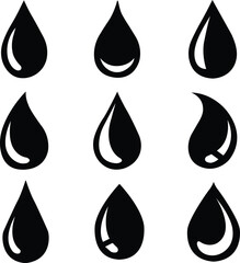 set of black Water drop shape icon. Water or rain drops shape icon. Blood or oil drop. Plumbing logo. Flat style outline. glossy water drops isolated on white background.
