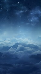 Wall Mural - Dark deep blue gradient night mystical moonlight with fluffy magical clouds and stars phone hd background wallpaper, ai generated