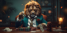 Stylish Lion In A Luxurious Suit At The Gaming Table In The Casino. Concept Of Gambling And Rich Life