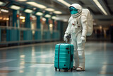 Astronaut in space suit with turquoise travel suitcase goes on a plane flight at the airport or spaceport, space man goes on a journey